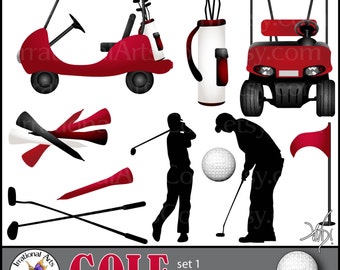 Golf MEN set 1 RED - with 11 PNG digital clip art graphics files Golf carts silhouettes ball tees club flag bag silhouette Instant Download