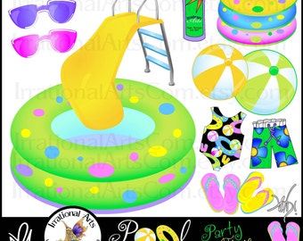 Pool Party Time INSTANT DOWNLOAD clipart graphics set with 15 items all digital with clear backgrounds