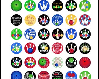 Bowling set 3 Primary Colors 1" circles with Retro bowling balls and pins 8.5x11 inch sheet (INSTANT DOWNLOAD)