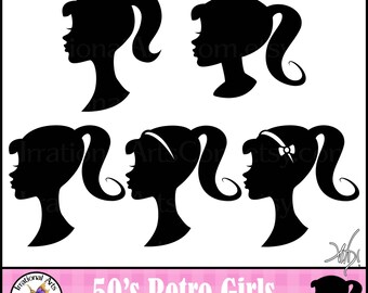 50s Retro girl Silhouette - with 5 PNG digital clipart files with and without headband and bow kitsch (Instant Download)