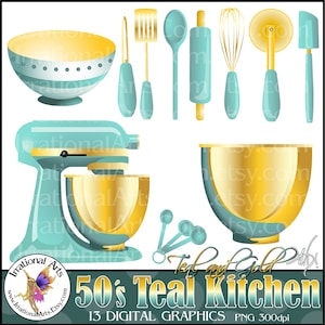 50&#39;s Teal and Gold Kitchen kitsch - with 13 PNG Digital Clipart Graphics baking supplies: bowl, whisk, rolling pin {Instant Download}