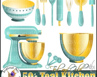 50's Teal and Gold Kitchen kitsch - with 13 PNG Digital Clipart Graphics baking supplies: bowl, whisk, rolling pin {Instant Download}