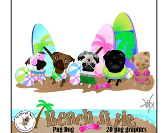 Pug Dogs BEACH STyLE set 1 INSTANT Download with 20 digital png files of pug dogs surfboards and beach balls