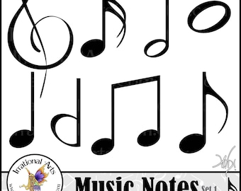 Music Notes set 1 - with 8 PNG digital scrapbooking clipart graphics with music notes and 2 JPG digital papers with music in black and white