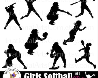 Softball Women set 1 - with 9 PNG digital cilipart graphics files baseball girls pitcher hitter  catcher baseball [INSTANT DOWNLOAD]