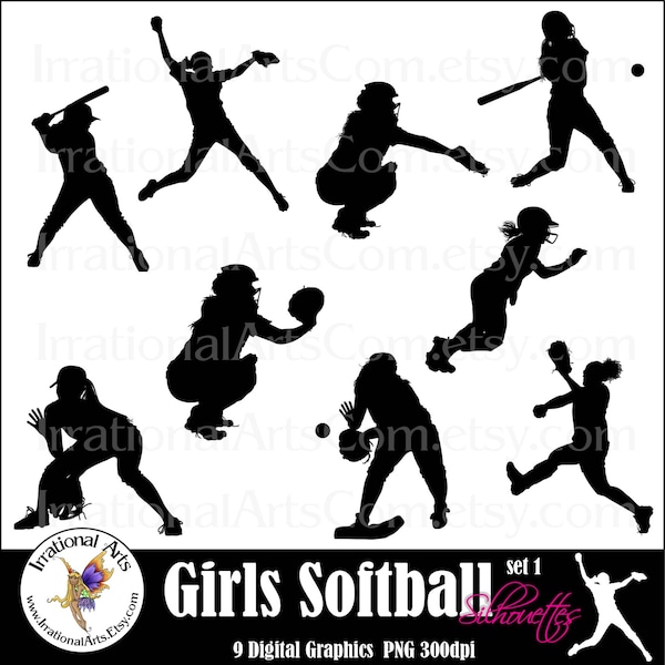 Softball Frauen Set 1 - mit 9 PNG digitale Cilipart Grafiken Dateien Baseball Mädchen Pitcher Hitter Catcher Baseball [INSTANT DOWNLOAD]