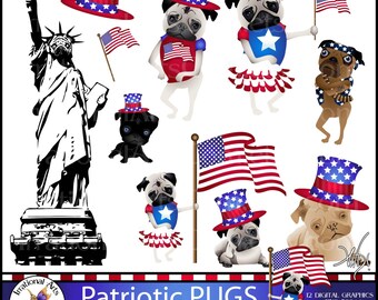 INSTANT DOWNLOAD Patriotic PUGs set 1 with 12 digital clipart graphics png files Statue of Pugerty