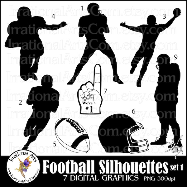 Football Silhouettes set 1 - with 8 PNG digital clipart graphics format quarterback foam finger football helmet receiver {Instant Download}