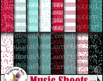 May include: A digital paper pack with 16 different music sheet designs. The designs feature red, white, black, and blue musical notes and staff lines. The text "Music Sheets set 3" is at the bottom of the image.  16 DIGITAL PAPERS JPG 300dpi