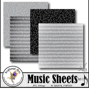 Music Sheets set 1 with 16 digital scrapbooking papers with music notes and sheet music in black and white with greys Instant Download image 4