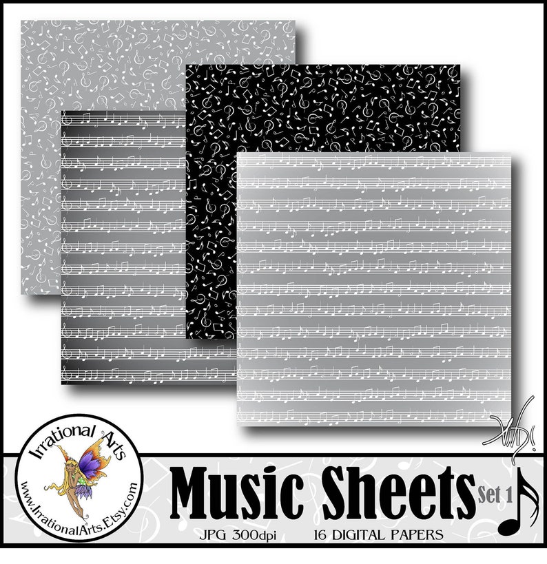 Music Sheets set 1 with 16 digital scrapbooking papers with music notes and sheet music in black and white with greys Instant Download image 4