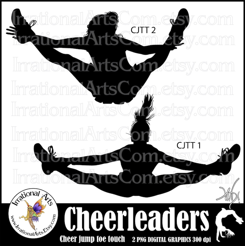 Cheerleader Jump Toe Touch Silhouettes with 2 PNG digital clipart graphics cheerleaders stunt cheer spirit INSTANT DOWNLOAD image 1