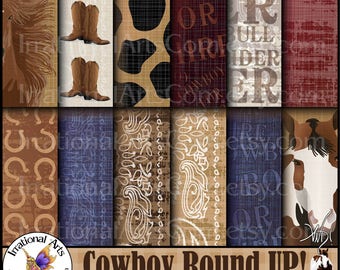 Cowboy Round Up! set 1 - with 12 digital papers 300dpi JPG files cowboy boots bandana horses horse shoes  [ INSTANT DOWNLOAD ]