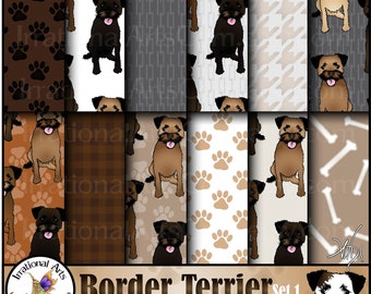 Border Terrier Dog set 1 - 12 digital papers with 7 adorable dogs and coordinating dog patterns including paws and bones {Instant Download}