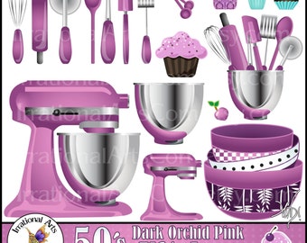 50's Dark Orchid Pink Kitsch Set 1 Kitchen - 16 PNG digital clipart files baking supplies: whisk, stand mixer, acid apple {Instant Download}