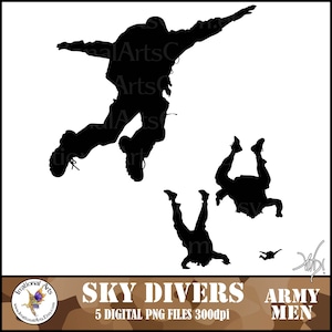 Puede incluir: Cinco siluetas negras de paracaidistas en varias poses, con el texto "SKY DIVERS ARMY MEN" y "5 DIGITAL PNG FILES 300dpi" debajo.