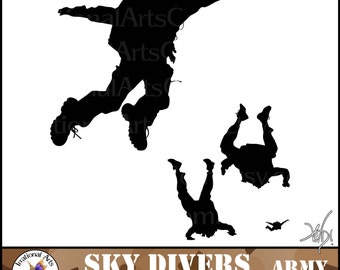 Skydivers ARMY men silhouettes - with 5 PNG files digital clipart graphics skydiver parachute parachutist sky diving (Instant Download)