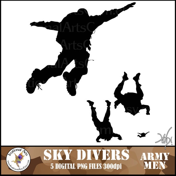 Skydivers ARMY men silhouettes - with 5 PNG files digital clipart graphics skydiver parachute parachutist sky diving (Instant Download)