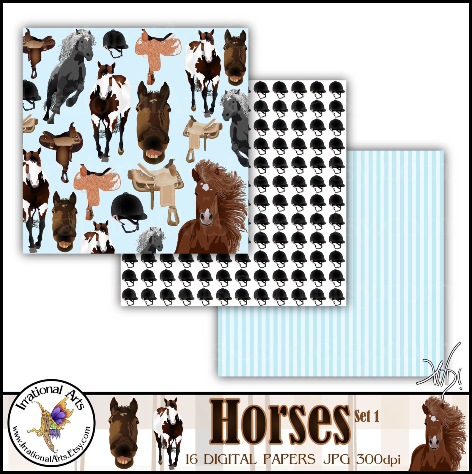 Horses Set 1 Digital Papers Patterned With Horses Saddles Etsy