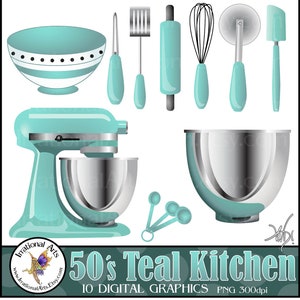 50's Teal Kitchen kitsch - with 10 PNG kitchen Digital Clipart Graphics baking supplies: bowl, whisk, rolling pin {Instant Download}