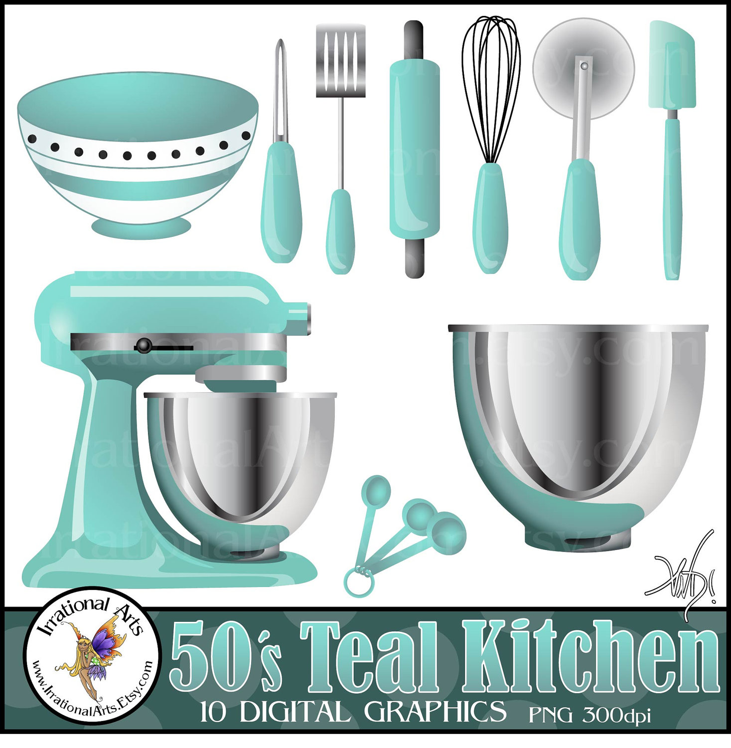 50's Teal Kitchen Kitsch With 10 PNG Kitchen Digital Clipart Graphics  Baking Supplies: Bowl, Whisk, Rolling Pin instant Download 