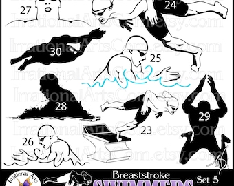 Male Swimmer Silhouettes Set 5 Breaststroke - 8 png clipart graphics {Instant Download}