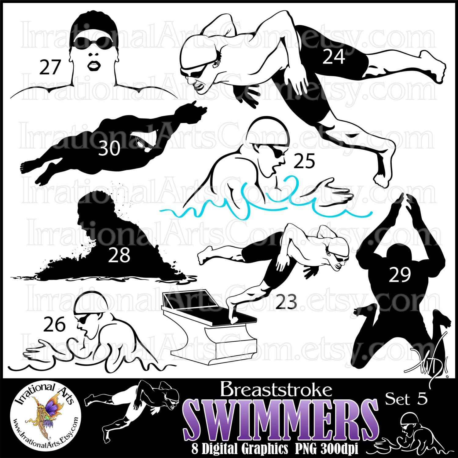Male Swimmer Silhouettes Set 5 Breaststroke - 8 Png Clipart Graphics