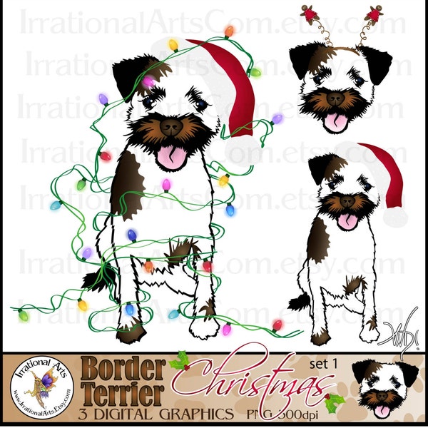 INSTANT DOWNLOAD Christmas Border Terrier Dog Graphics set 1  with 3 digital graphics christmas lights Santa hat gingerbread dolls