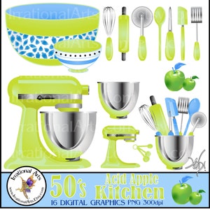 Könnte beinhalten: Digitale Grafiken mit Küchenutensilien und -geräten im Retro-Stil der 1950er Jahre. Enthält einen Standmixer, Rührschüsseln und verschiedene Utensilien in Grün-, Blau- und Silbertönen. Der Text lautet "50's Acid Apple Kitchen".