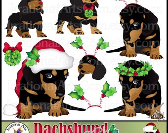 Dachshund set 2 - 8 Christmas digital clipart graphics of Dachshunds with red bows, santa hat, holly {Instant Download}