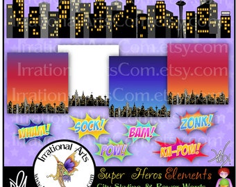 Super Heroes Elements with City Skyline & Power Words - with 6 PNG digital graphic clip art and 4 JPG digital papers (Instant Download)