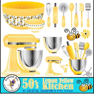 Cocina Kitsch de color amarillo limón de los años 50 - con 16 PNG Digital Clipart Graphics suministros para hornear: batidor de tazón de rodillo de espátula pelador de margaritas de abeja