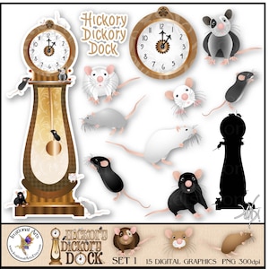 Hickory Dickory Dock set 1 - 15 PNG graphiques numériques clipart de grand-père horloge et souris conte de fées {Téléchargement instantané}
