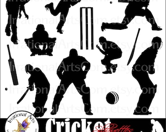 Cricket Players Silhouettes - with 12 PNG digital clipart graphics with players, wicket, balls, bats (Instant Download)