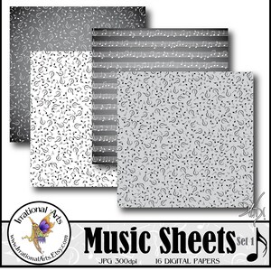 Music Sheets set 1 with 16 digital scrapbooking papers with music notes and sheet music in black and white with greys Instant Download image 3