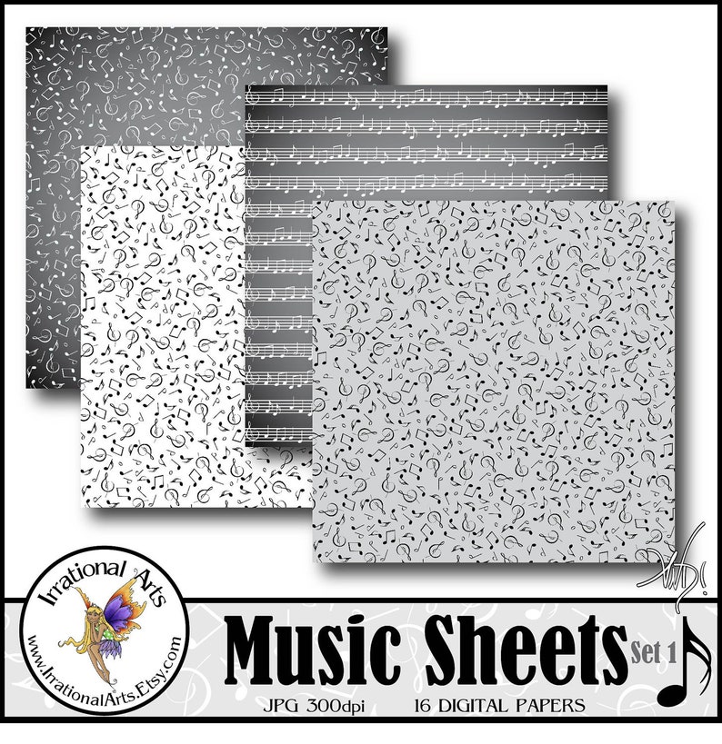 Music Sheets set 1 with 16 digital scrapbooking papers with music notes and sheet music in black and white with greys Instant Download image 3