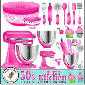 Könnte beinhalten: Eine Sammlung digitaler Grafiken zum Thema Küche in Rosa. Enthält einen Standmixer, Rührschüsseln, Cupcakes und verschiedene Backutensilien. Der Text "50's Fuchsia Kitchen" ist unten im Bild zu sehen.