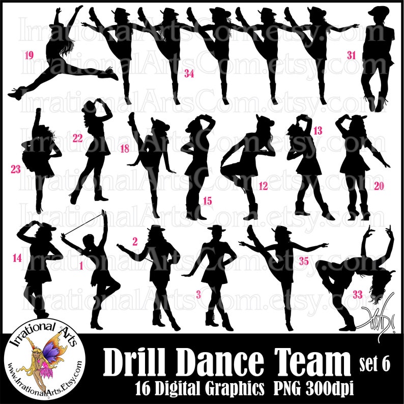 Drill Dance Team Silhouettes set 6 with 16 PNG digital graphics Instant Download image 1