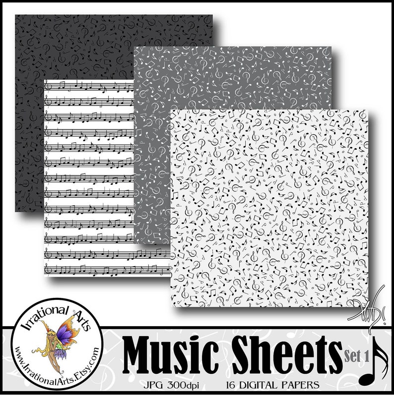 Music Sheets set 1 with 16 digital scrapbooking papers with music notes and sheet music in black and white with greys Instant Download image 2