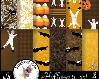 INSTANT DOWNLOAD Hallween Modern set 3 Digital Scrapbooking Papers 12 jpg files Brown and Gold with mummys bats spider webs and candy corn