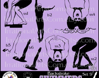 Swimmers Silhouettes set 9 Backstroke - with 8 EPS & SVG Vinyl Ready Images and 8 PNG clipart graphics + also scl [Instant Download]