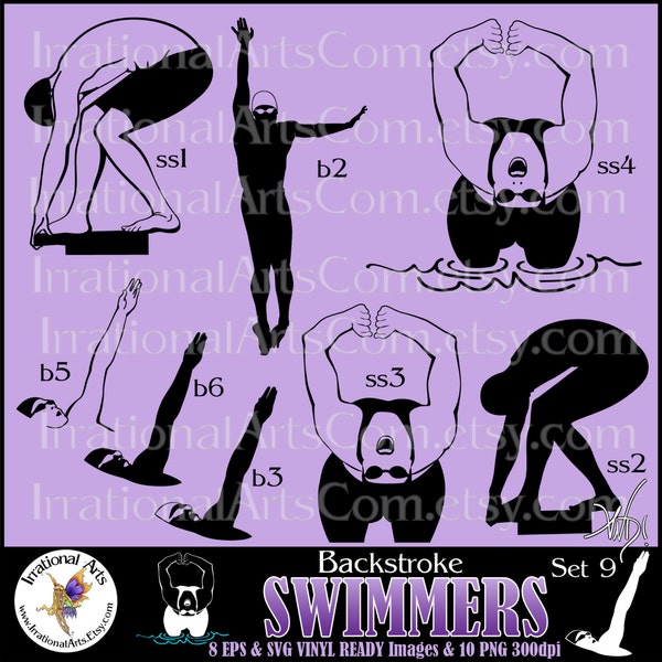 Swimmers Silhouettes set 9 Backstroke - with 8 EPS & SVG Vinyl Ready Images and 8 PNG clipart graphics + also scl [Instant Download]