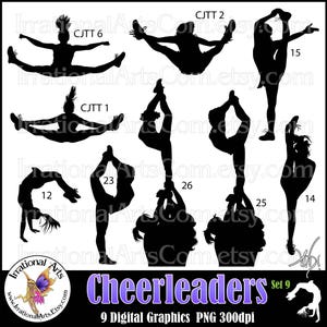 Cheer Stunt Team Silhouettes Set 9 - with 9 PNG digital files flyer needle scorpion [Instant Download]