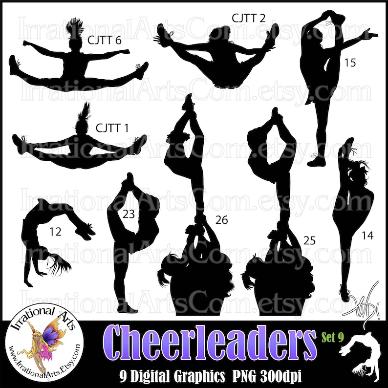 Cheer Stunt Team Silhouettes Set 9 with 9 PNG digital files flyer needle scorpion Instant Download image 1