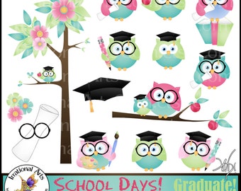 School Days set 2 - Graduate OWLS -  17 digital clipart graphics owl graduation apple paint palette teacher librarian Grads Smart OWL books