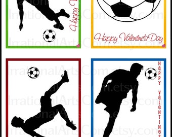 Valentines Day Cards Soccer set 2 BOYS - for kids classroom exchange DIY Printing Valentine Boy silhouettes JPG & Pdf{Instant Download}