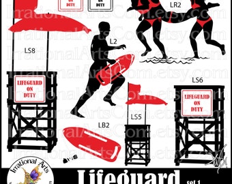 Lifeguard Silhouettes set 1 - 8 png graphics clip art graphics black and red beach rescue buoy [INSTANT DOWNLOAD]