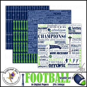 May include: A set of 16 digital papers featuring a football theme with a Seattle Seahawks color scheme. The papers include a variety of football-related words and phrases, including "Seattle", "Super Bowl", "Quarterback", and "Offense". The papers are in a blue and green color scheme and feature a graphic of the Space Needle.