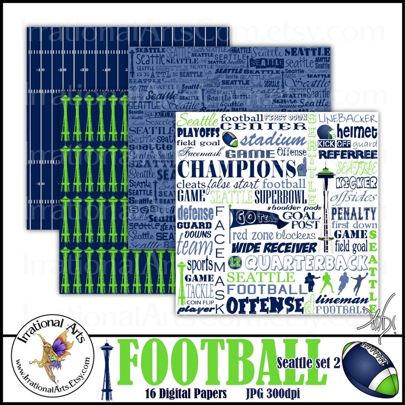 May include: A set of 16 digital papers featuring a football theme with a Seattle Seahawks color scheme. The papers include a variety of football-related words and phrases, including "Seattle", "Super Bowl", "Quarterback", and "Offense". The papers are in a blue and green color scheme and feature a graphic of the Space Needle.