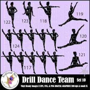 Drill Dance Team Silhouettes Set 10 - mit 8 EPS & SVG Vinyl Ready Dateien und 8 PNG Digital Files, Jazz Schuhe mit und Brötchen Shorts scl